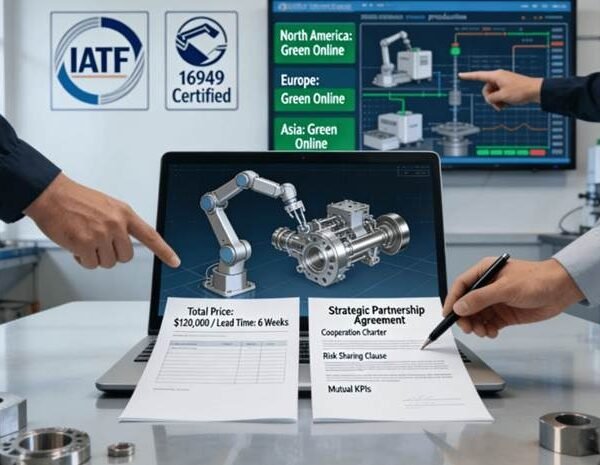 A close-up of a modern machine shop's knowledge hub: a large touchscreen displays an interactive "living technical library" with validated cutting parameters, case studies, and SOPs, while a machinist scans a QR code on a complex part to access its full digital history, showcasing institutionalized knowledge over individual skill