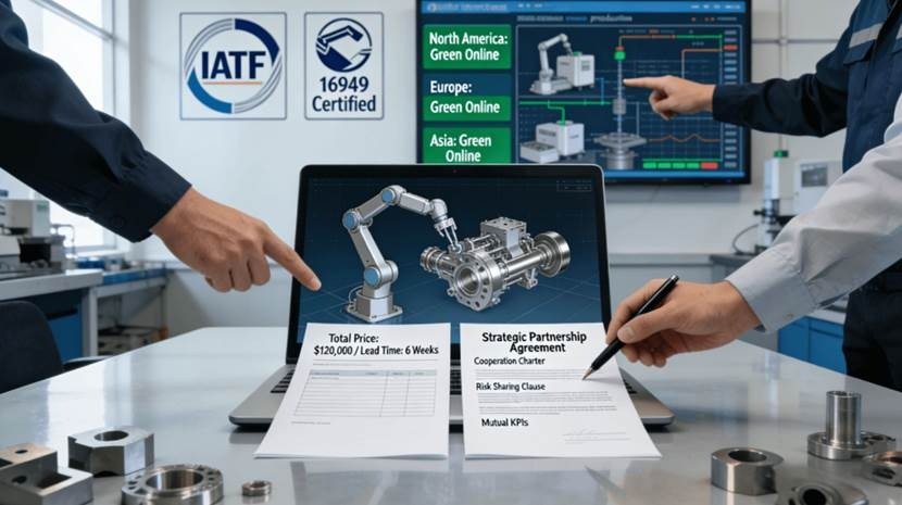 A close-up of a modern machine shop's knowledge hub: a large touchscreen displays an interactive "living technical library" with validated cutting parameters, case studies, and SOPs, while a machinist scans a QR code on a complex part to access its full digital history, showcasing institutionalized knowledge over individual skill